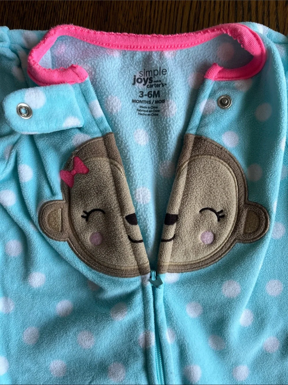 Baby Girl Aqua Polka Dot Monkey Footed One-Piece with Pink Trim